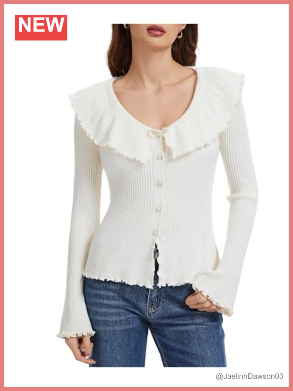 Pearl Button Ruffle Cardigan Knit Open Front Long Sleeve Sweater